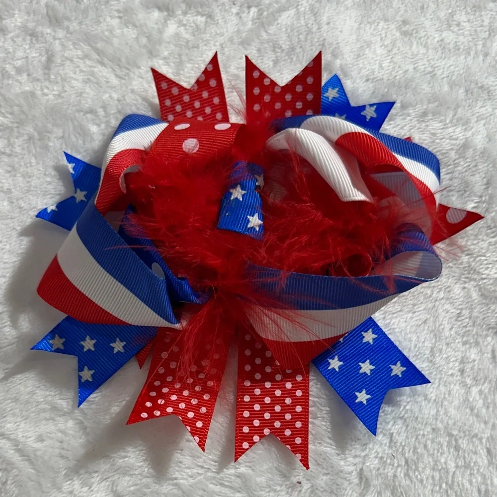 Red white & blue patriotic theme with feathers boutique alligator clip hair bow